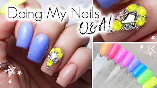 Watch Me Do My Own Gel Nails | Q&A! | Bright Nails With Crystals