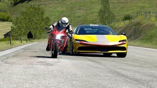 Kawasaki Ninja H2 Red Carbon vs Pagani Zonda R vs Ferrari SF90 Stradale Fiorano at Old SPA