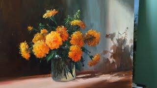 Marigolds and light. How to paint orange flowers with oil. Still life with marigolds