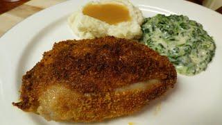 Shake 'n Bake Extra Crispy, Bob Evans Mashed Potatoes, Heinz Gravy & Birdseye Creamy Spinach Bake