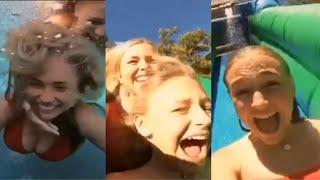 Alyvia Alyn Lind and Natalie Alyn Lind ride water slides in the pool