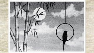 Beautiful Moonlight Night Scenery Drawing with Pencil, Easy Pencil Drawing for Beginners