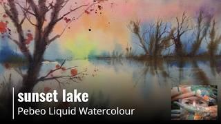 Sunset lake. Liquid watercolour on canvas.