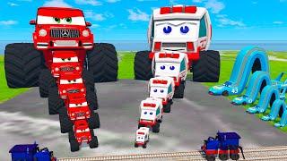 Big & Small Red Vizor Monster Truck vs Ambulance with Thomas Train The Tank Engine - BeamNG.Drive
