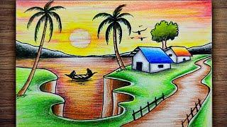 Sunset Village Scene Drawing  | Easy Step-by-Step Tutorial with Color Pencils