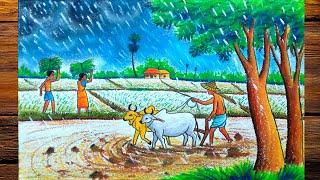 rainy season drawing with pastel color||village scenery