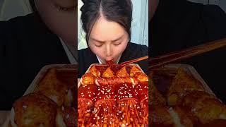 Asmr, Eating Enoki Mushroom With Noodles Garlic Meatballs Flavor Spicy Yummy, Mukbang