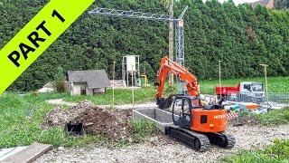 Build a cowshed farm. RC scale models, Hitachi Zaxis 135 US, MAN TGS, Swiss Crane - Part1