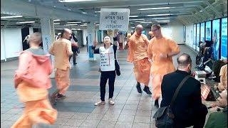 Hare Krishnas Dance Around a Korean In-Your-Face Christian Preacher Lady