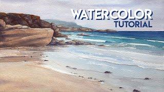 How to paint a BEACH with wet sand reflections  WATERCOLOR tutorial