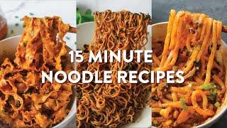 3 tasty vegan noodle recipes ready in 15 minutes or less! | spicy peanut, basil garlic, kimchi 