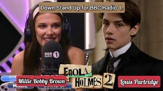 Millie Bobby Brown calls Louis Partridge on Sit Down Stand Up for BBC Radio 1. (September 20 2023)