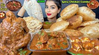 ASMR Eating Spicy Chicken Barra,Whole Handi Chicken Curry Masala,Poori Big Bites ASMR Eating Mukbang