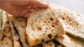 FLOUR + BOILING WATER and greens! It's very tasty, simple and healthy! Tortillas in a pan