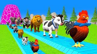 Paint & Animals Cow,Gorrila,Elephant,Giraffe,Lion,Tiger, Fountain Crossing Transformation Cartoon