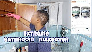 clean with me |  Extreme bathroom makeover | painting tiles floor  |  #Mountainsofbeauty