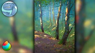 Trees lit by the sun - Digital landscape painting in Medibang Paint Pro - Time-lapse video