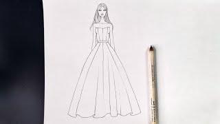 Tutorial Gambar Sketsa Desain Baju Pesta Pemula | How to Draw a Fashion Girl | Dress Design Drawing