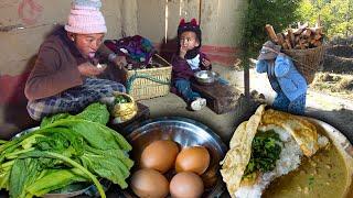 Egg Omelette & Mustard (RAYO) recipe with Rice cooking & eating in village || Nepali village Food