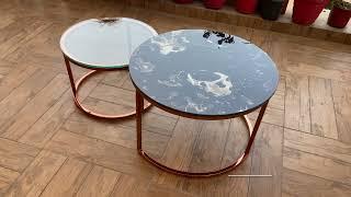 INDISKIE ART DECO ROSE GOLD STAINLESS STEEL COFFEE TABLE GLASS & MARBLE