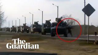 Video shows Ukrainian ‘tank man’ trying to block Russian military convoy