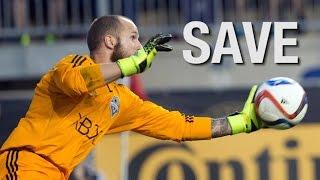 Save: Stefan Frei makes a diving save on Maurice Edu's penalty kick