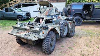 Freshly arrived British "ferret" armored scout car test drive.