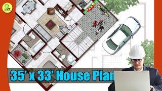 35×33 house plan, 3 bhk with car parking and wash, East facing, 35 by 33 home plan, house design