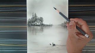 How to draw beautiful nature landscape / ducks drawing by pencil.