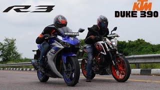 Yamaha R3 vs Duke 390 BS3 Drag Race