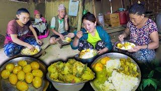 Boiled Egg Fry and Boiled Potato fry recipe with rice || Village style cooking & eating #eggrice