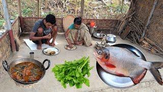 Village Mother and Son Cook Delicious RED POMFRET Fish Curry with PUI SHAK for Lunch