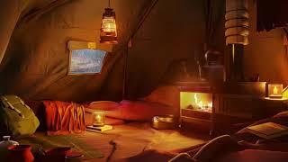 Off Grid Camping Tent Ambience - Hot Tent Winter Camping in Snowfall with Warm Fireplace