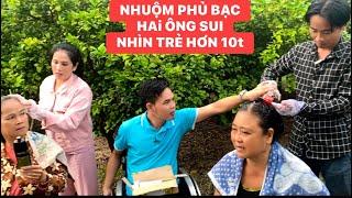 Chàng rể Sang Hự Hự lần đầu trong đời nhuộm tóc cho Mẹ vợ bằng phủ bạc Hai Ông Sui cười vui như Tết