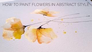 How to paint transparent layered golden flowers in abstract style: floral watercolor painting