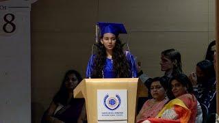 Head Girl Aashna Sundesha, DAIS addressing the audience at the graduation ceremony, class of 2018