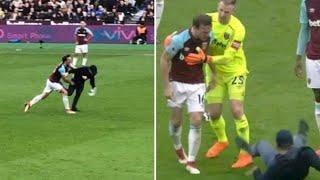 West Ham Fan Enters The Pitch, Mark Noble Throws Him To The Floor