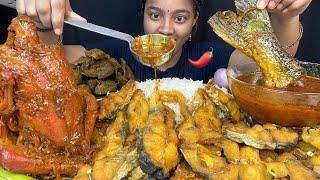 SPICY FISH CURRY  BIG WHOLE CHICKEN CURRY, CHICKEN LIVER CURRY WITH RICE MUKBANG BIG BITES EATING