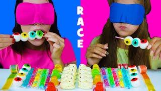 ASMR Candy Race with Closed Eyes (Gummy Eyeballs, Jelly Straws, Peeps Marshmallow)