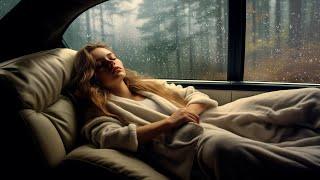 Sleep soundly with the rain inside the car with strong lightning in a forest on the road