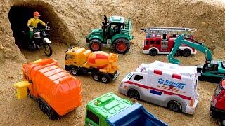 Rescue the cars in the cave with police car crane truck and fire truck - Toy car story