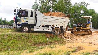 Amazing 5TON Dump Truck Land Filling Stuck In Deep & Small Dozer Pushing Soil Making New Road