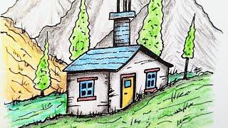 Colored Pencils and Ink/ Landscape Scenery Drawing / Pencil Drawing Village / Pencil Sketch Tutorial