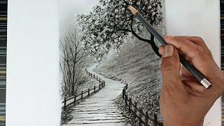 Spring Landscape scenery drawing by pencil and electric eraser with easy ways.