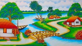 How to draw easy scenery drawing with beautiful landscape village with riverside scenery drawing