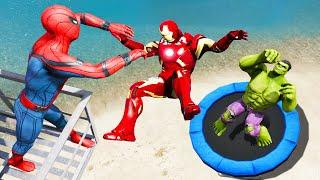 GTA 5 Spiderman vs Hulk vs Iron Man Trampoline Jumps and Fails (Ragdolls/Euphoria Physics)