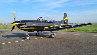 Engine start and takeoff RNLAF Pilatus PC-7 Turbo Trainer at Teuge Airport