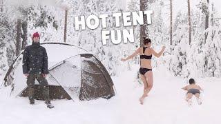 Winter Hot Tent Camping With the Family in Heavy Snowfall