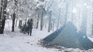 Solo Winter Camping with Hot Tent in Snow - Wood Stove, Canvas Tent - Wild Forest - Alone Overnight