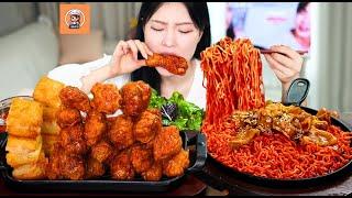 ASMR MUKBANG| Fire noodles+Jjampong Ramyun. Honey combo Chicken, Fried Shrimp Sandwich.